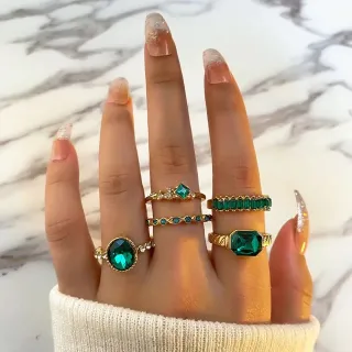 Retro Stylish Unique Design Green Finger Ring Set (5 pcs)